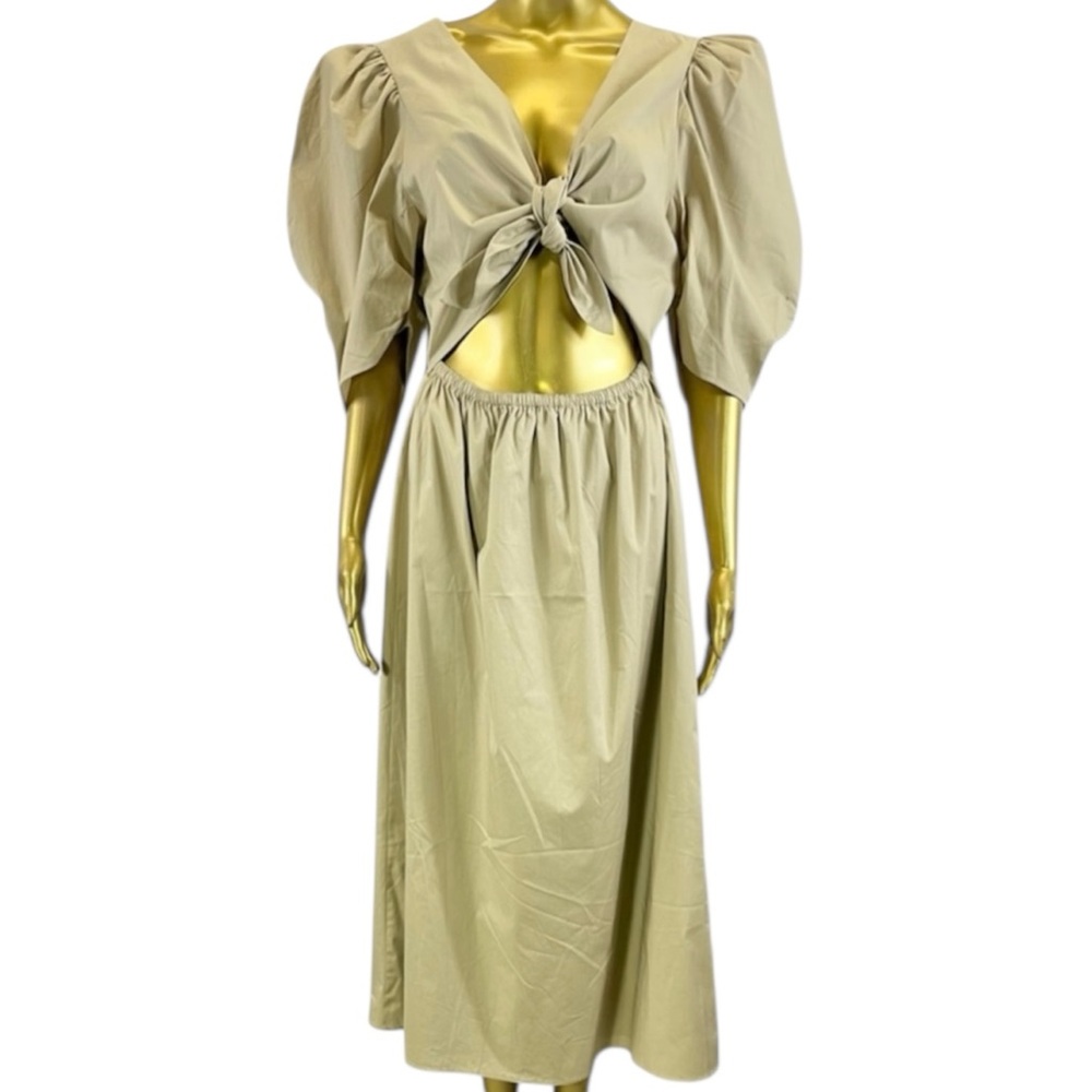 WAYF Peggy Cutout Dress - Puff Sleeve Midi, V-Neck A-Line Natural Medium NWT